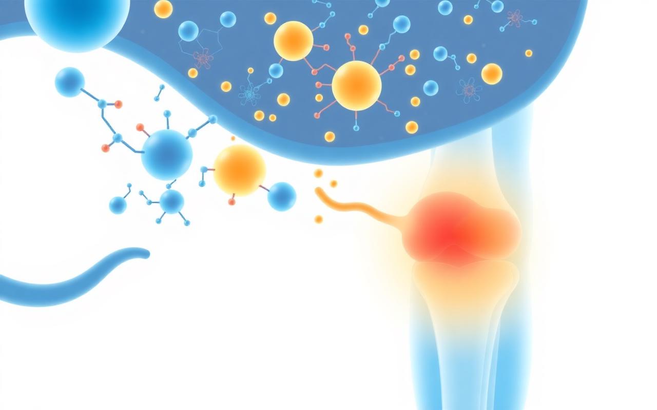 Illustration of systemic proteolytic enzymes circulating in the bloodstream toward an inflamed knee joint