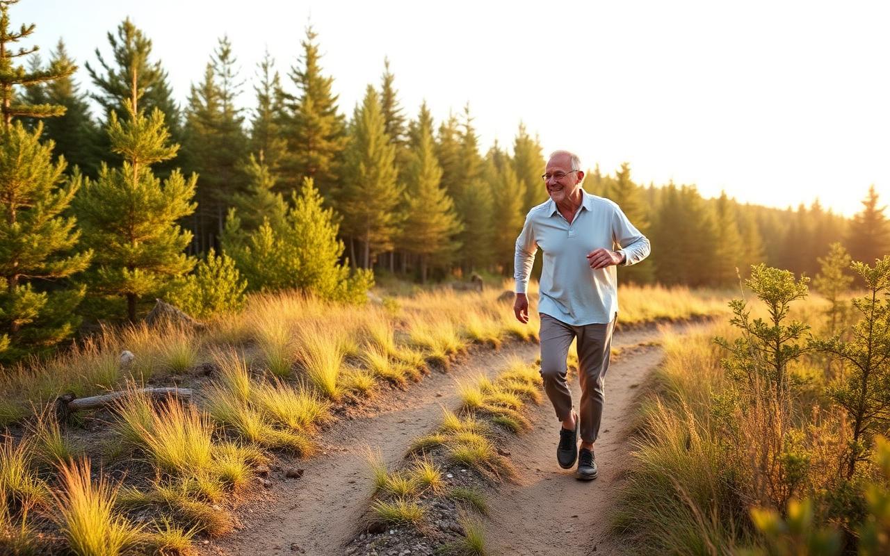An active older adult walking a forest trail in morning light